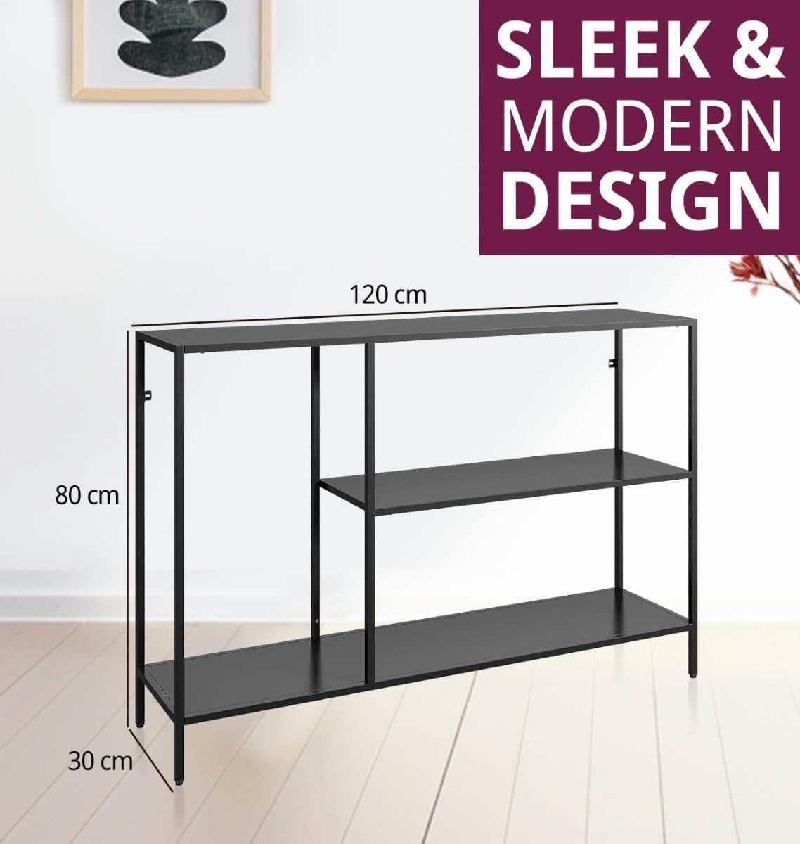 Slim Black Console Table with Storage Shelves – Modern Narrow Hallway Desk