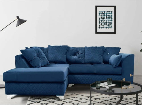 Royal Blue Velvet Corner Sofa ✨ 3-4 Seater L Shape LH w/ Chrome Feet