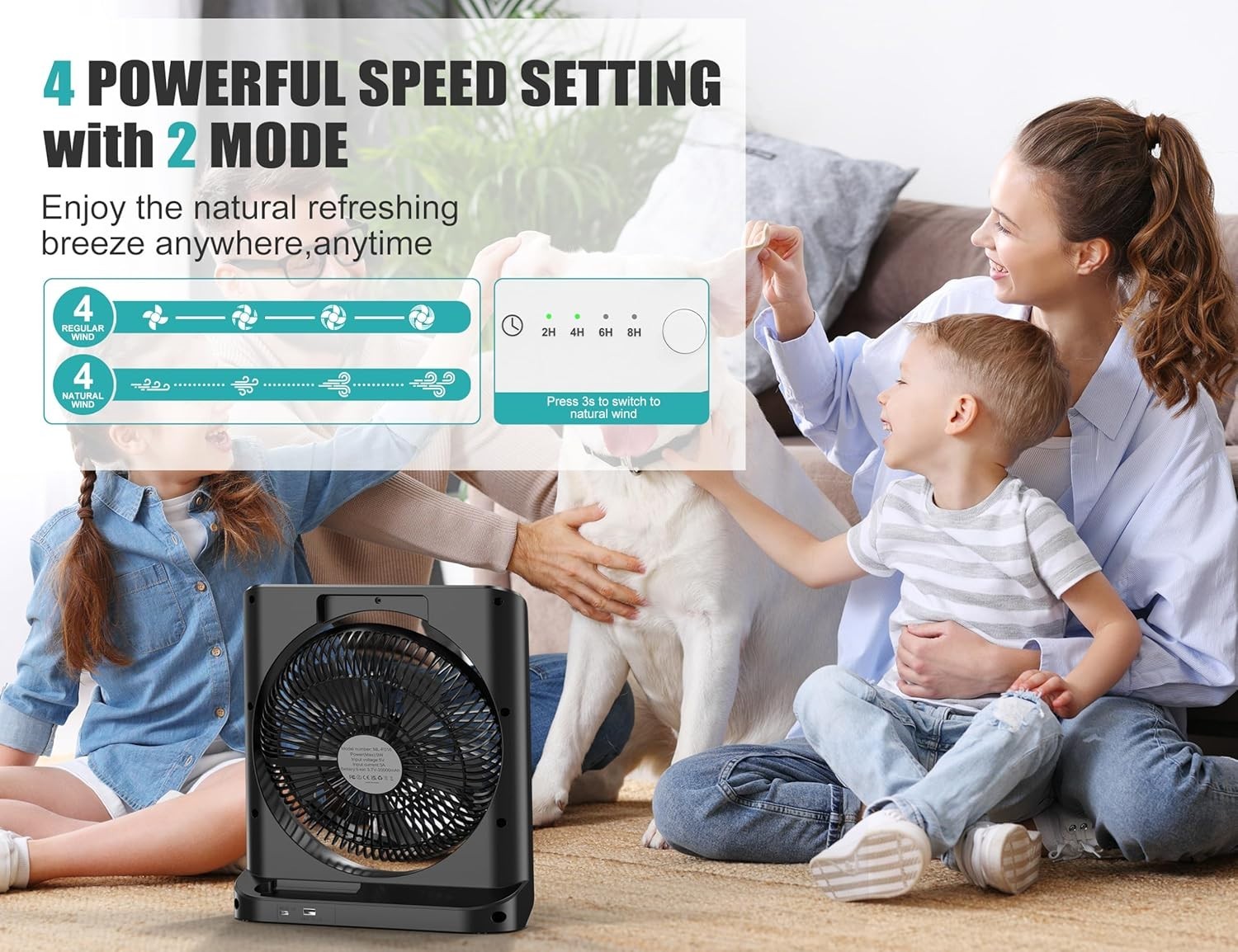 Black Window Fan – 20000mAh Rechargeable 10" Box Fan, 4-Speed Quiet Cooling