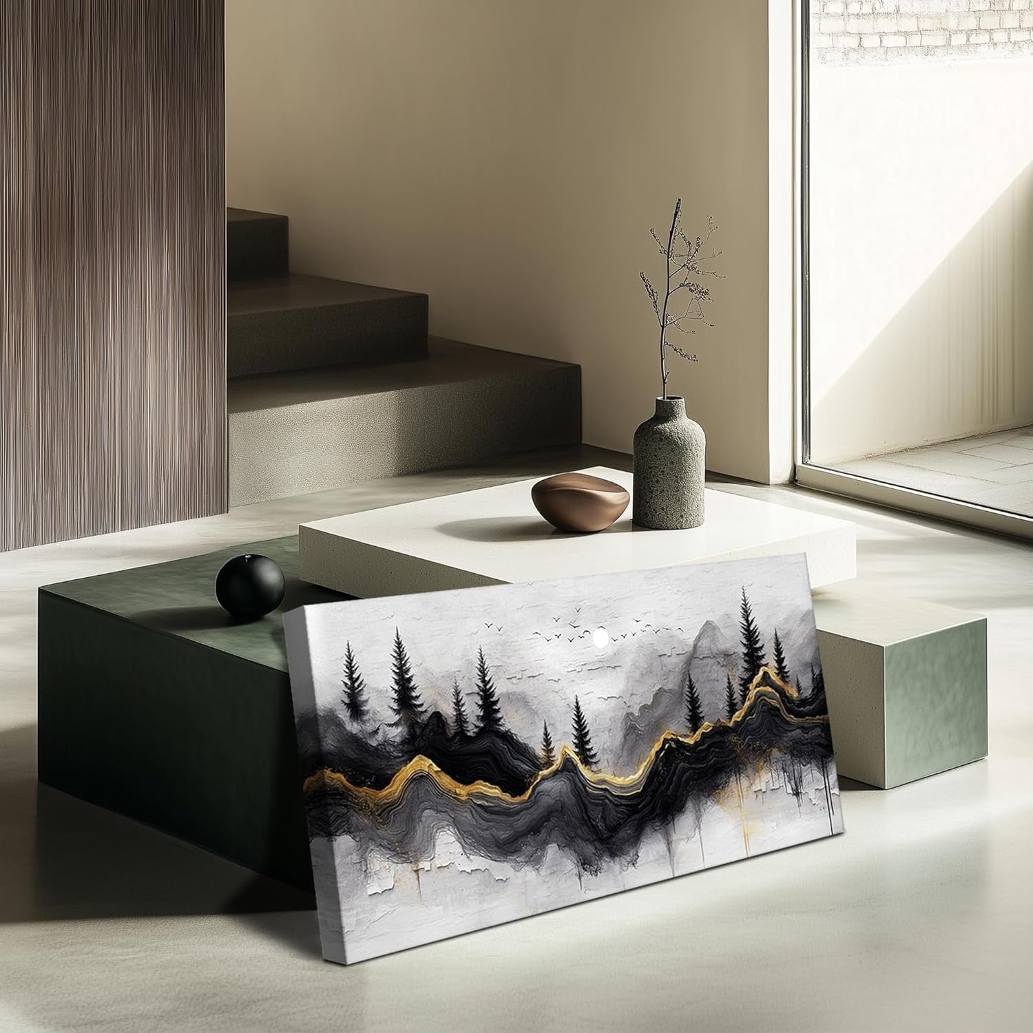29"x57" Large Black Gold Abstract Forest Canvas Wall Art – XXL Decor