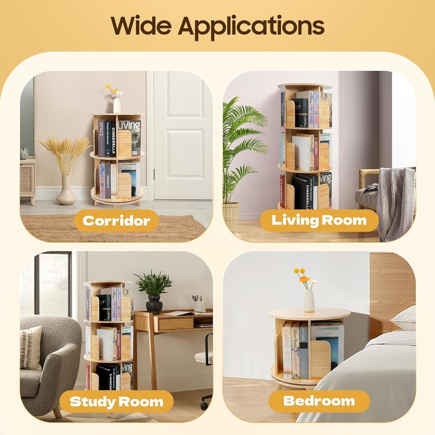 3 Tier Rotating Bamboo Bookshelf Tower | 360° Display Organizer 111cm