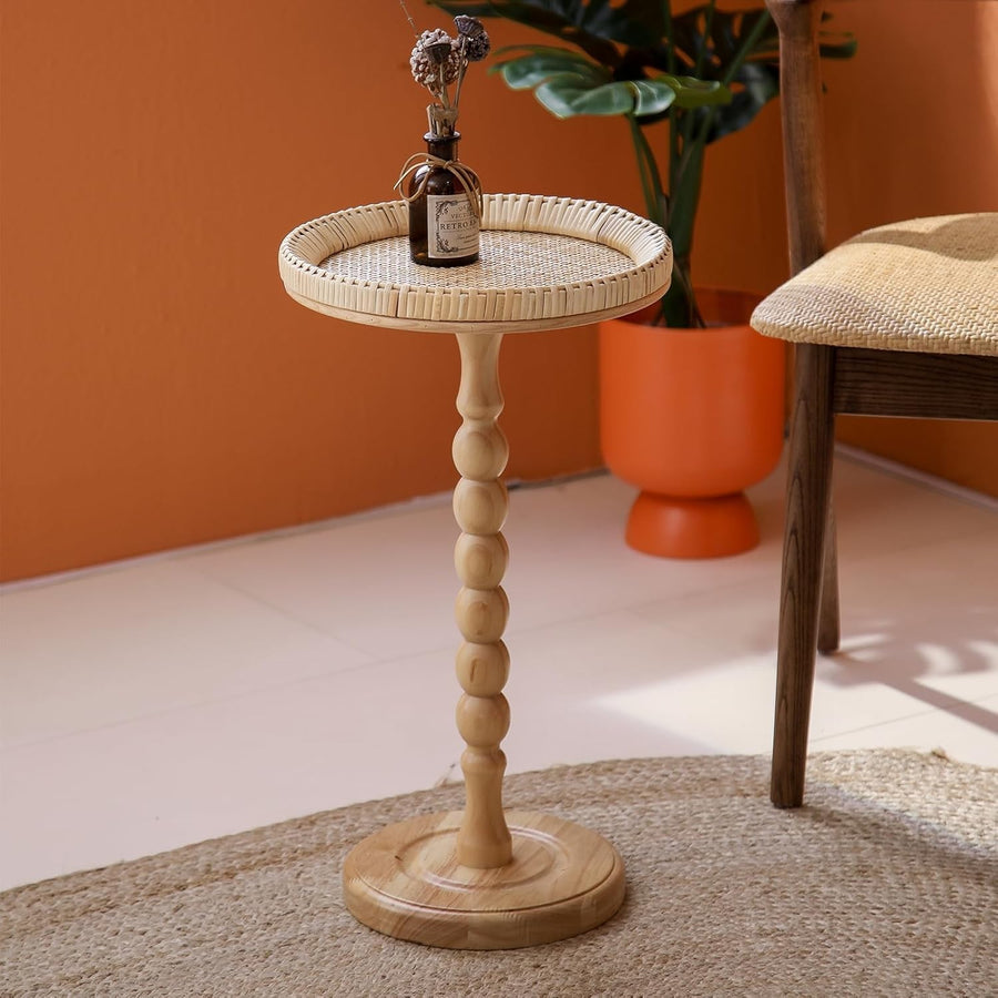 Boho Round Side Table 30.5x30.5x50.8 cm | Rattan End Table for Living Room