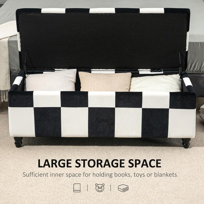 Black White Velvet Storage Ottoman Seat Box Toy Chest Bench w/ Lid & Legs