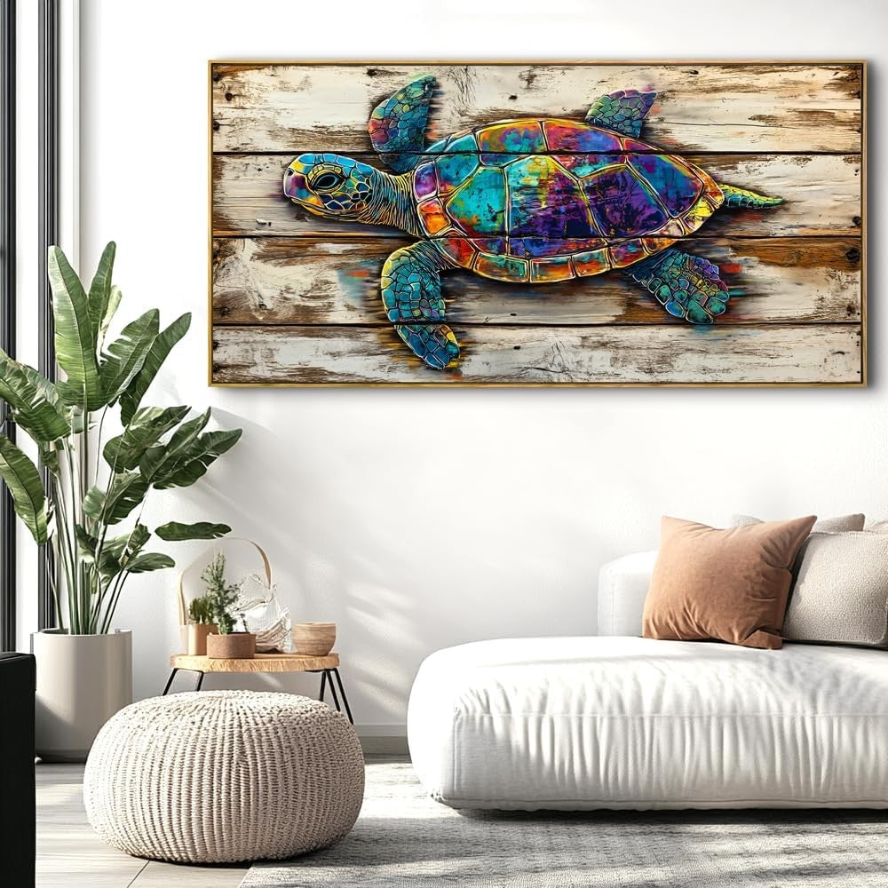 Sea Turtle Abstract Wall Art – Large Framed Canvas Painting 40x20in