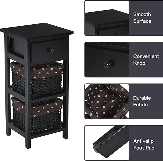 Black Bedside Tables Set of 2 with Drawer & Wicker Baskets, Tall Storage