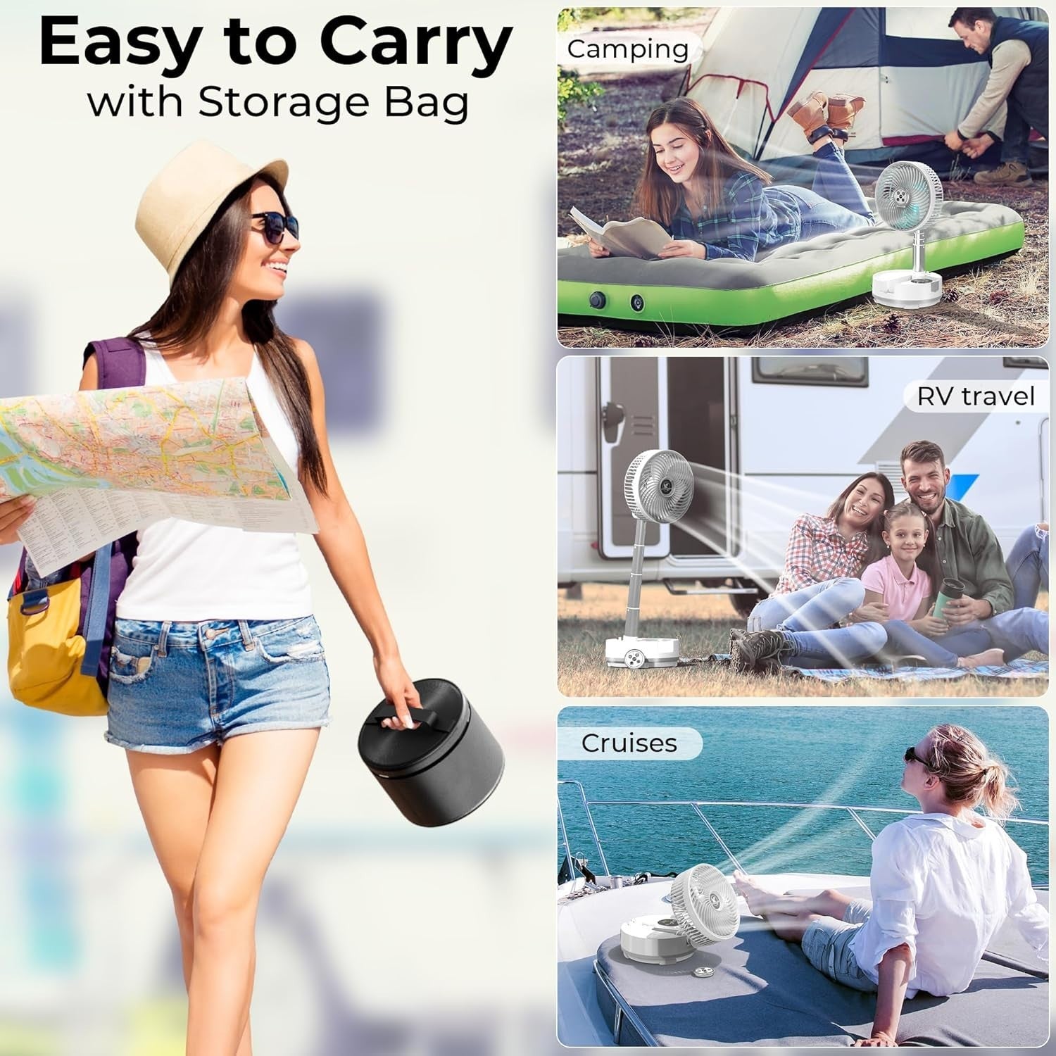 White Camping Fan – 20000mAh Rechargeable 8" Table Fan w/ Light, Timer & Remote