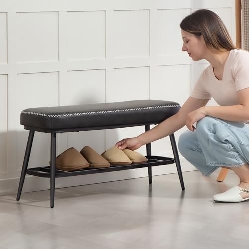 Charcoal Grey PU Leather Shoe Storage Bench with Cushion Seat & Metal Frame