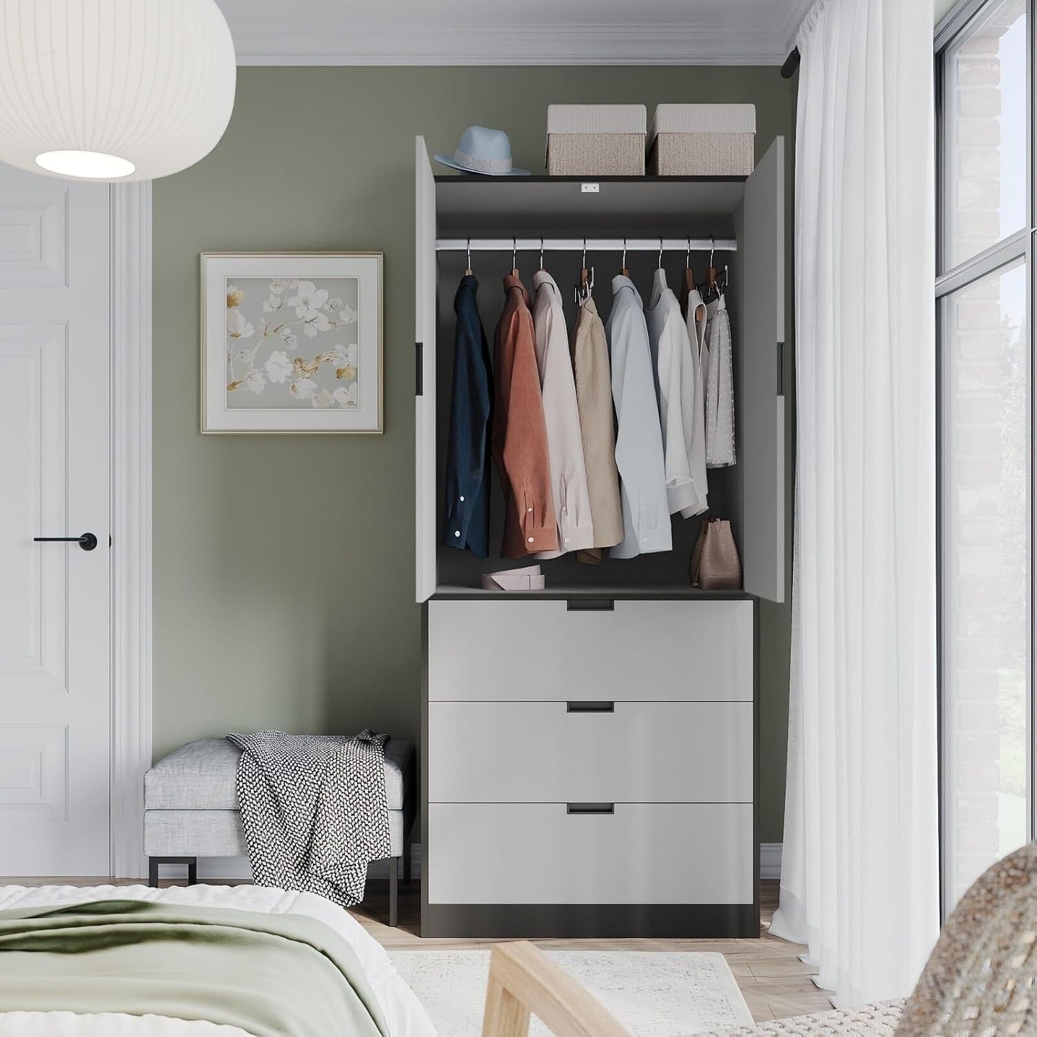 Grey 2 Door Wardrobe with Drawers & Hanging Rail Modern Storage Unit