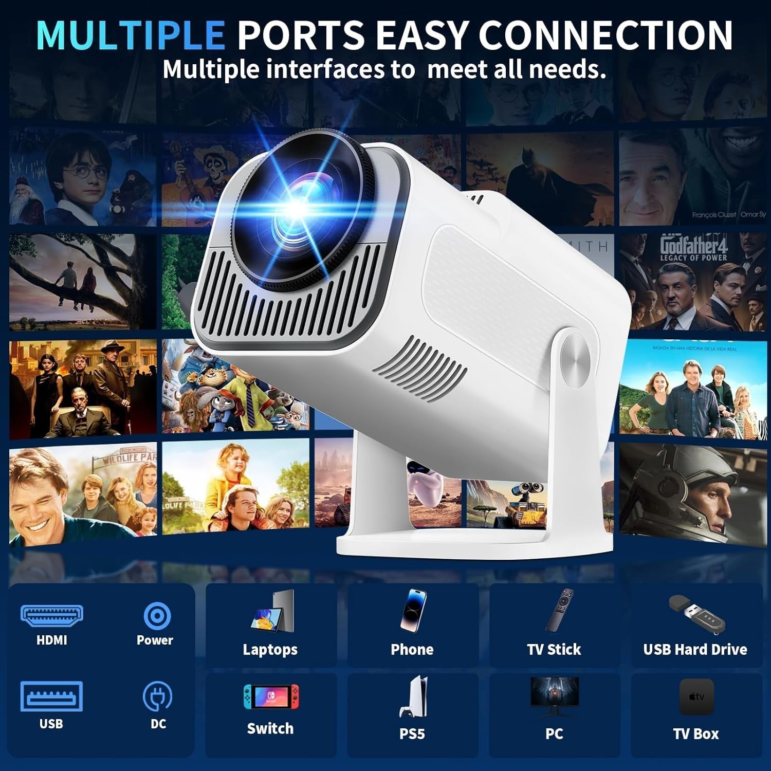 4K Smart Mini Projector 1080P WiFi 6 Bluetooth Auto Keystone