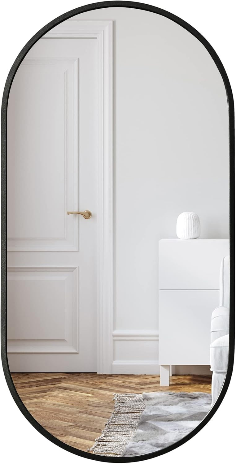 Large Black Oval Wall Mirror 50x100cm with Aluminium Frame for Bathroom