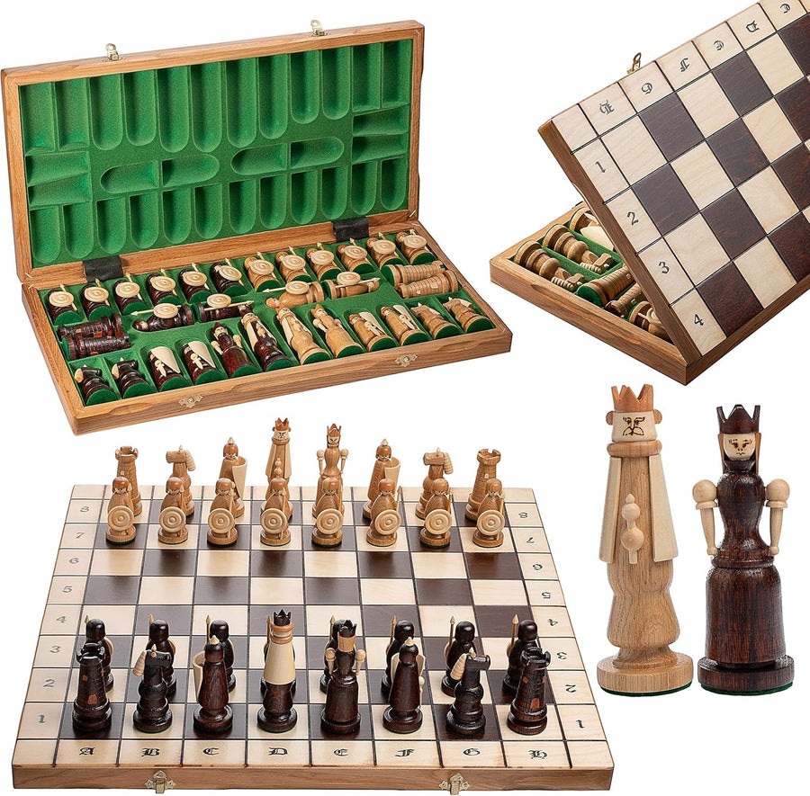 Luxury 22" Medieval Wooden Chess Set Hand Carved Pieces Foldable Board