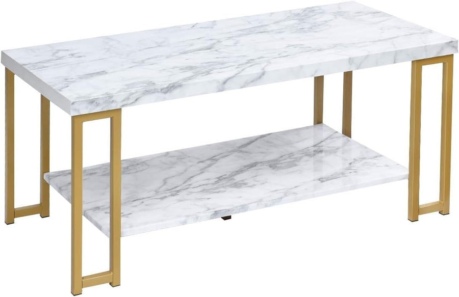 Marble Effect 2-Tier Coffee Table with Shelf, Gold Frame, Small Space Living Roo
