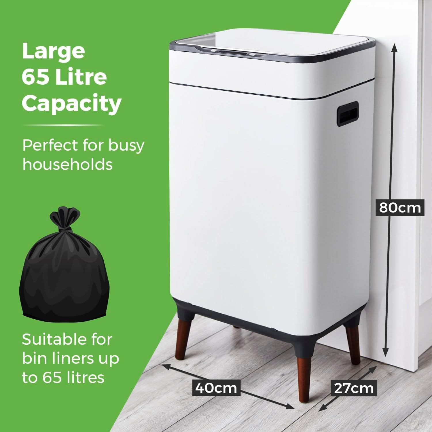 65L Touchless Kitchen Bin | Automatic Sensor Trash Can White with Legs