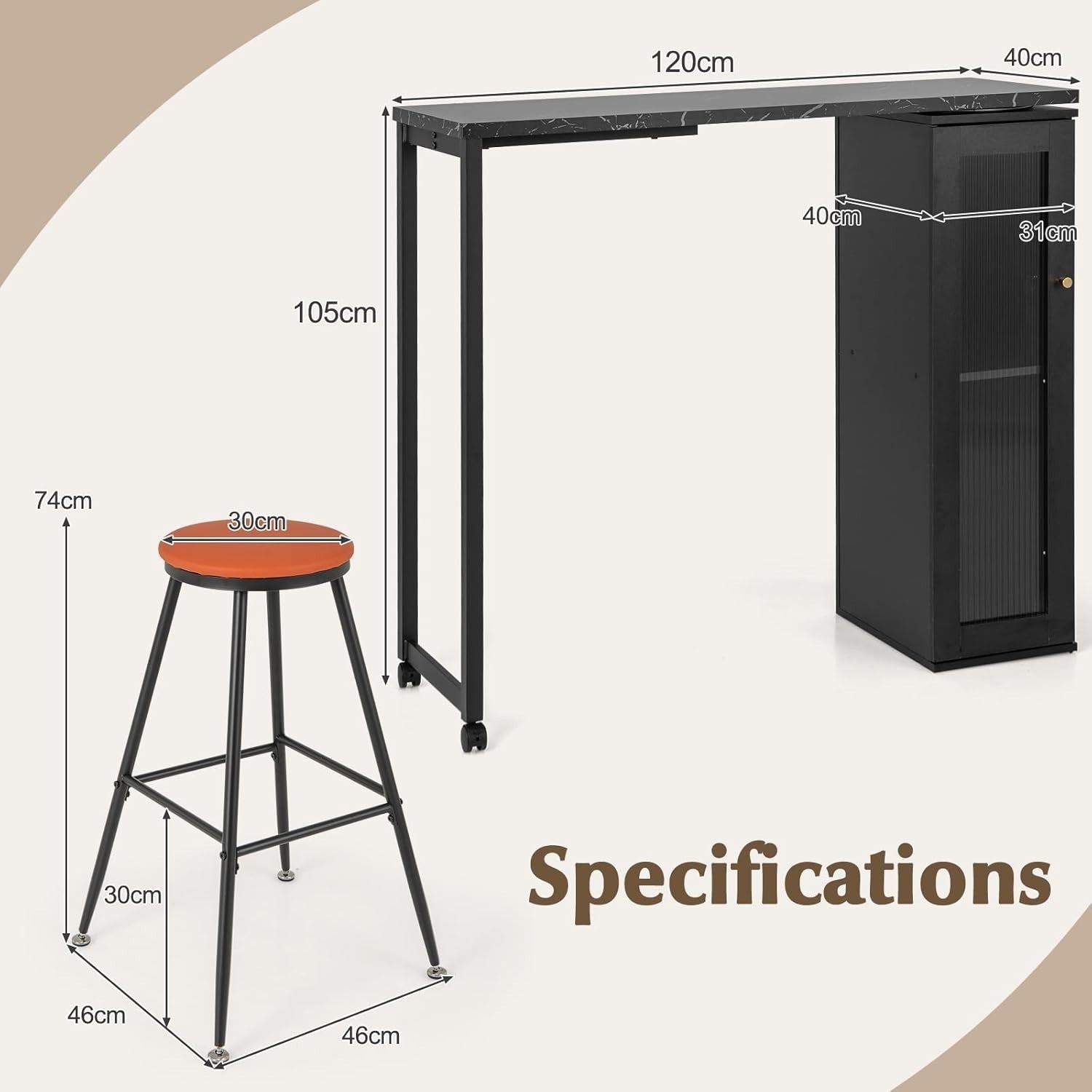 3 Piece Bar Table Set with Stools & Storage Cabinet Faux Marble Swivel Dining