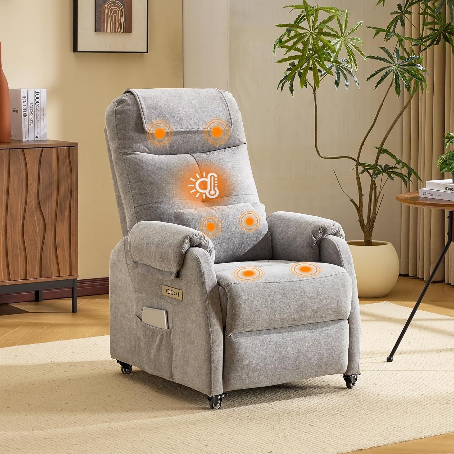 Recliner Chair w/ Wheels Electric Massage Heat High Back Footrest Fabric Grey
