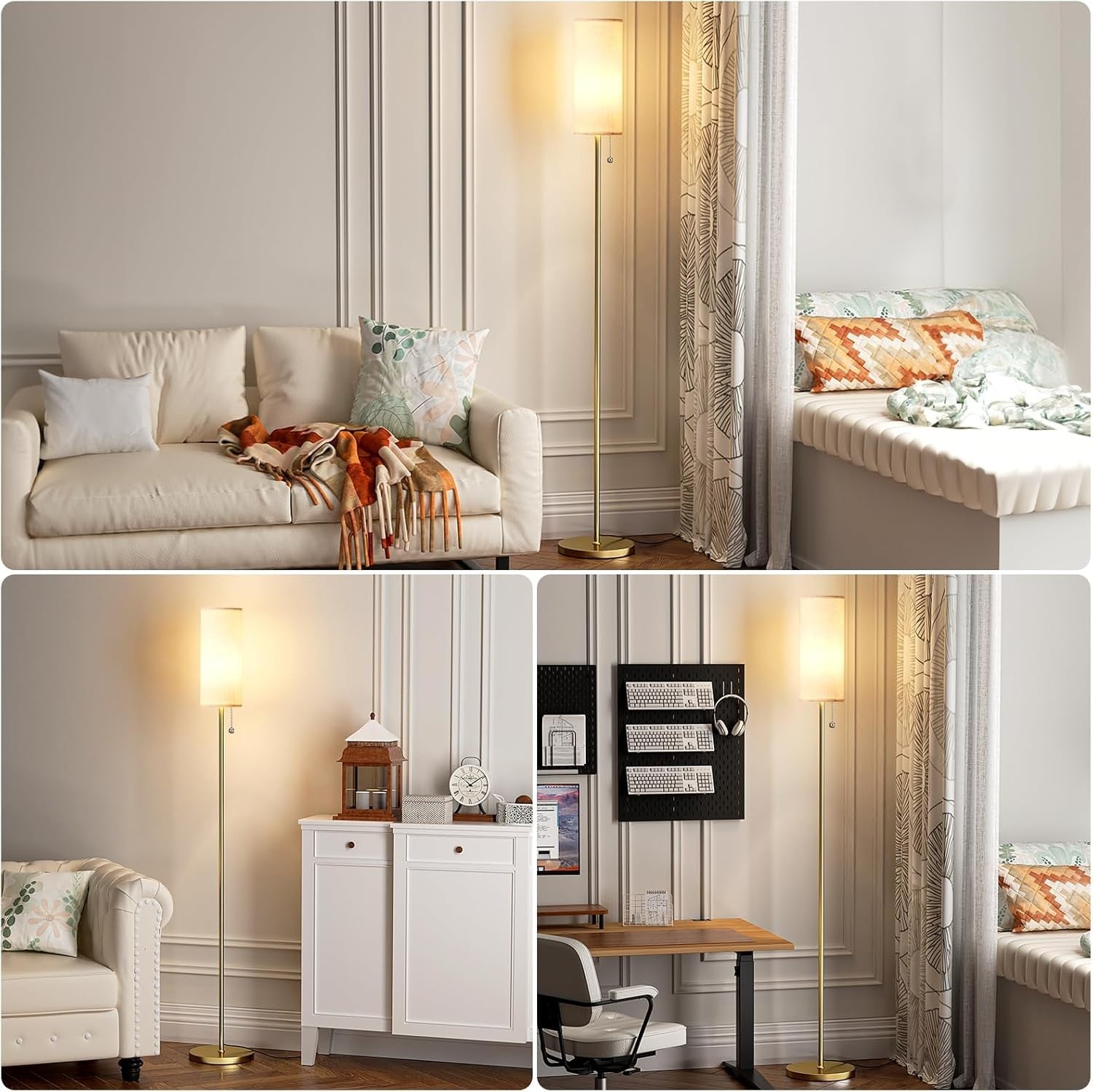 Gold Floor Lamp 64in Standing Lamp 3 Colour Bulb Bedroom Living Room