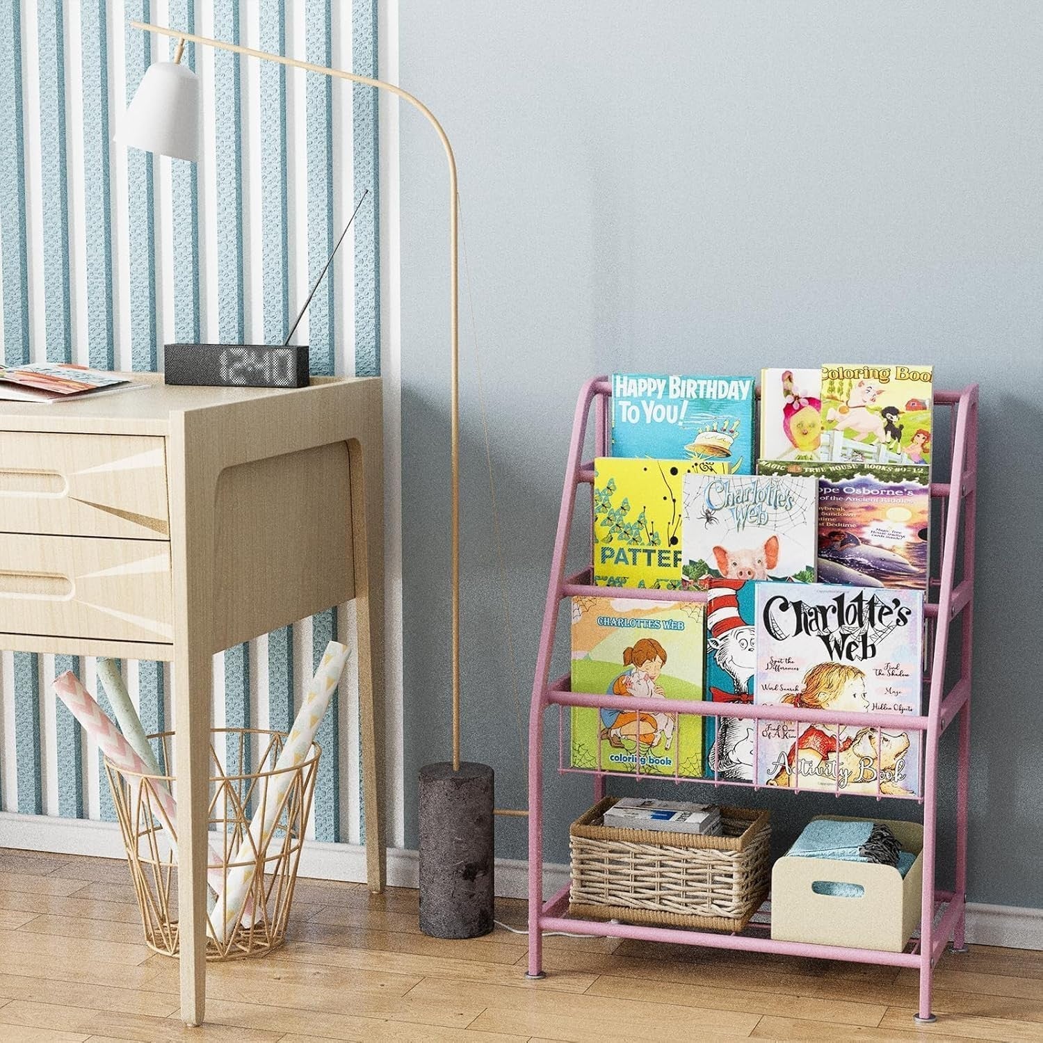 Kids Leaning Bookshelf & Toy Organizer Rack – Durable Metal, Space Saving, Pink