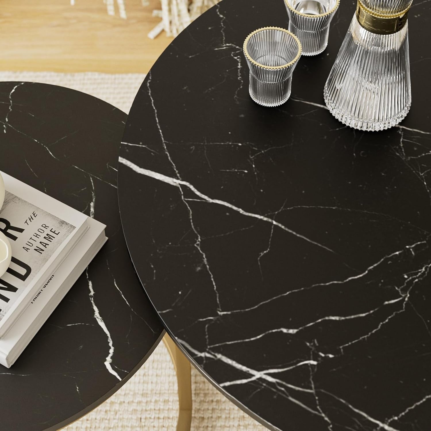 Round Nesting Coffee Tables Set of 2 Grey Top Black Frame, Space Black and Gold