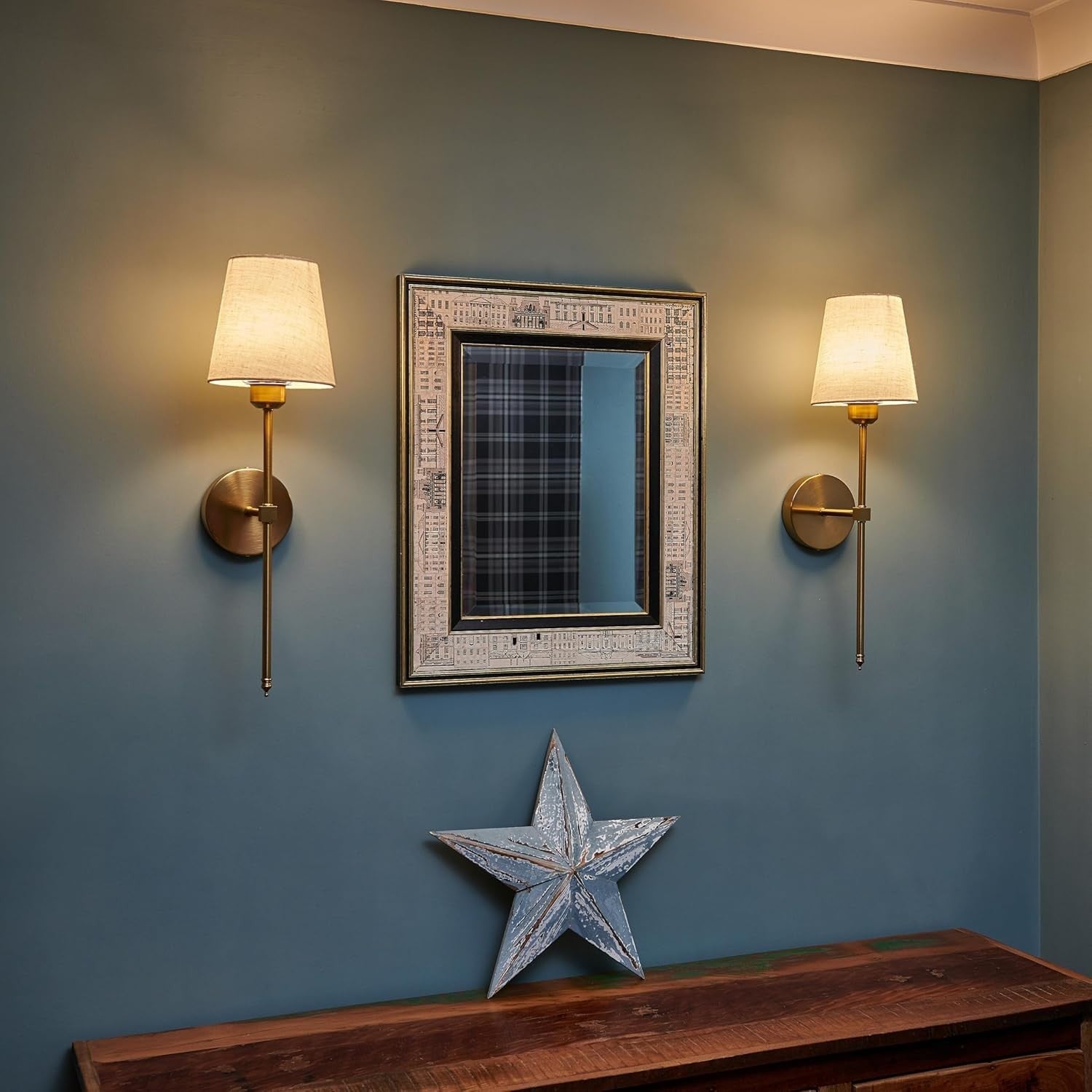 Wireless Wall Lights Brass Set of 2 | No Wiring, LED, Dimmable, Remote