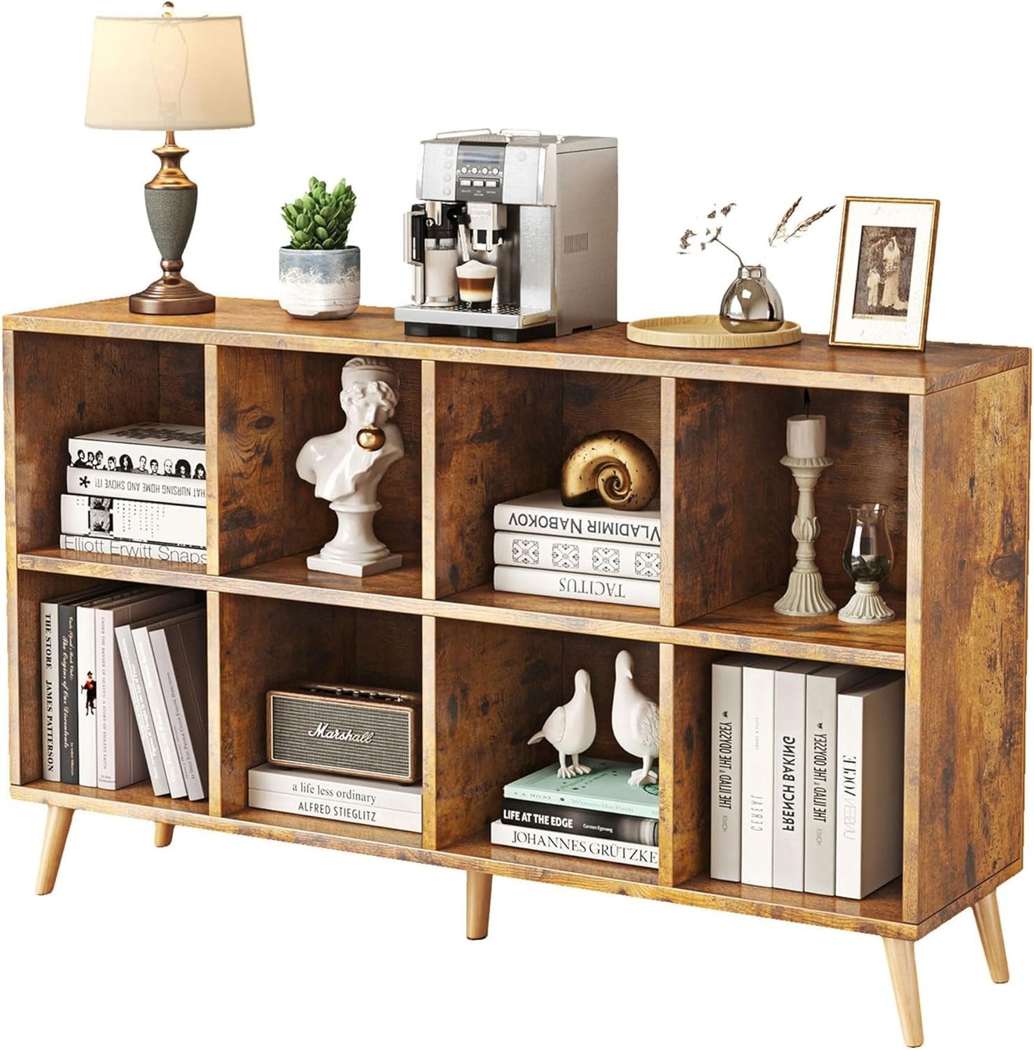 8 Cube Modern Bookcase with Legs Rustic Brown Wooden Storage Shelf 120cm