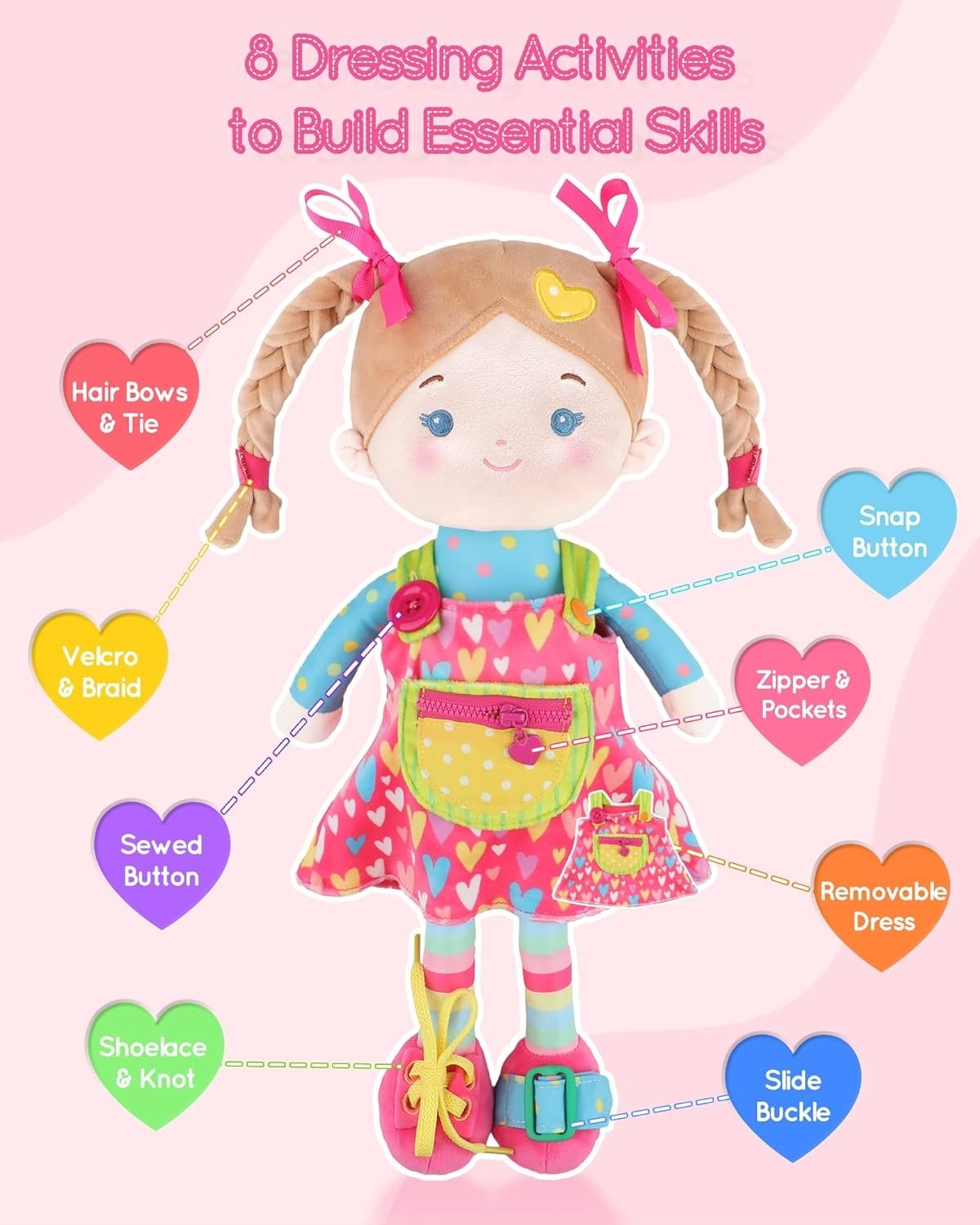 Montessori Sensory Plush Doll 16in Busy Button Learning Toy Toddler