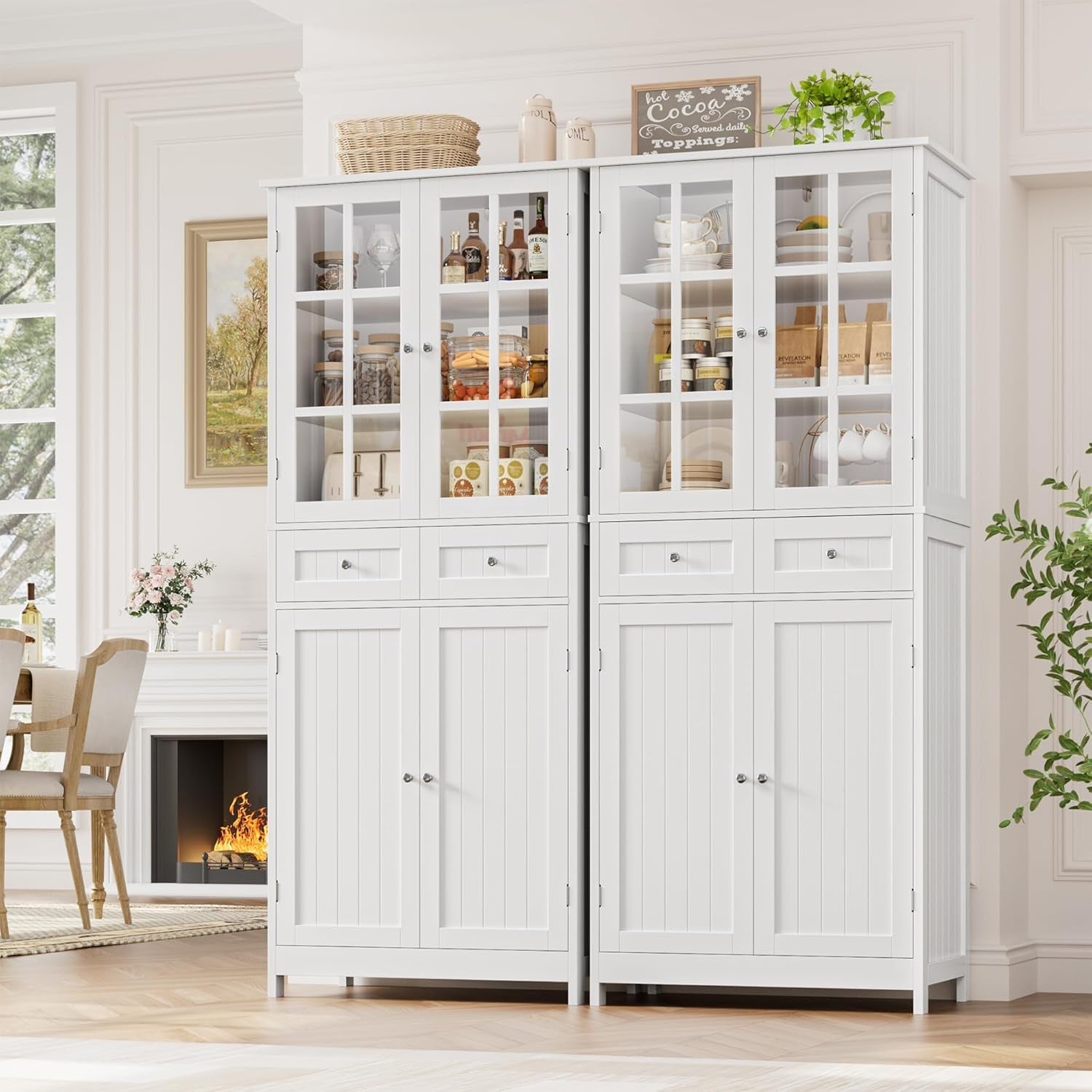 White Freestanding Kitchen Storage Cabinet with Glass Doors & Drawers