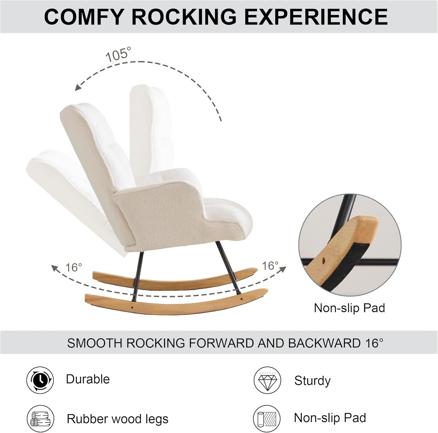 Rocking Chair Nursery Glider Comfy Armchair High Back Padded Seat Ivory Teddy