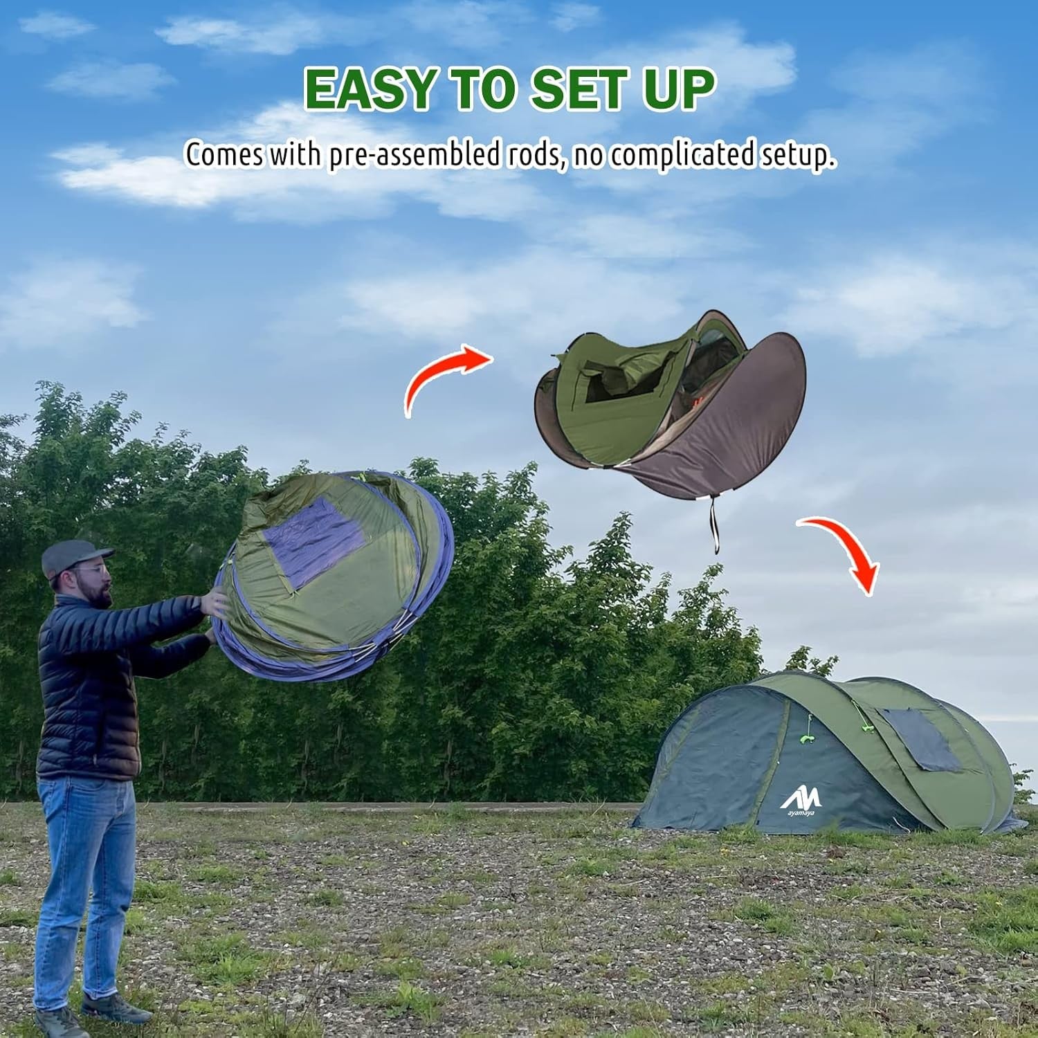 4-6 Man Pop Up Camping Tent Green 4 Season Waterproof