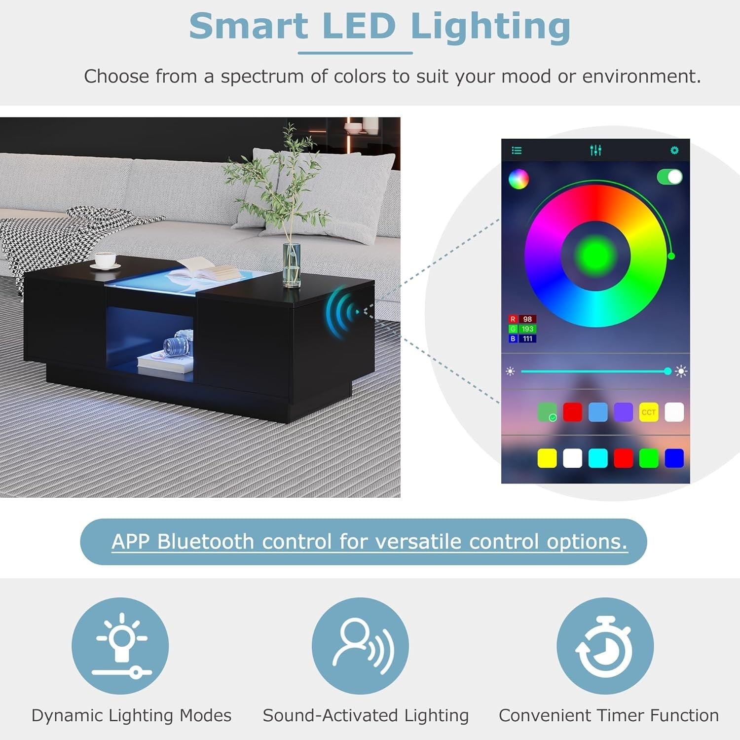 LED Coffee Table with Storage & 2 Drawers – Modern Tempered Glass, RGB Lights
