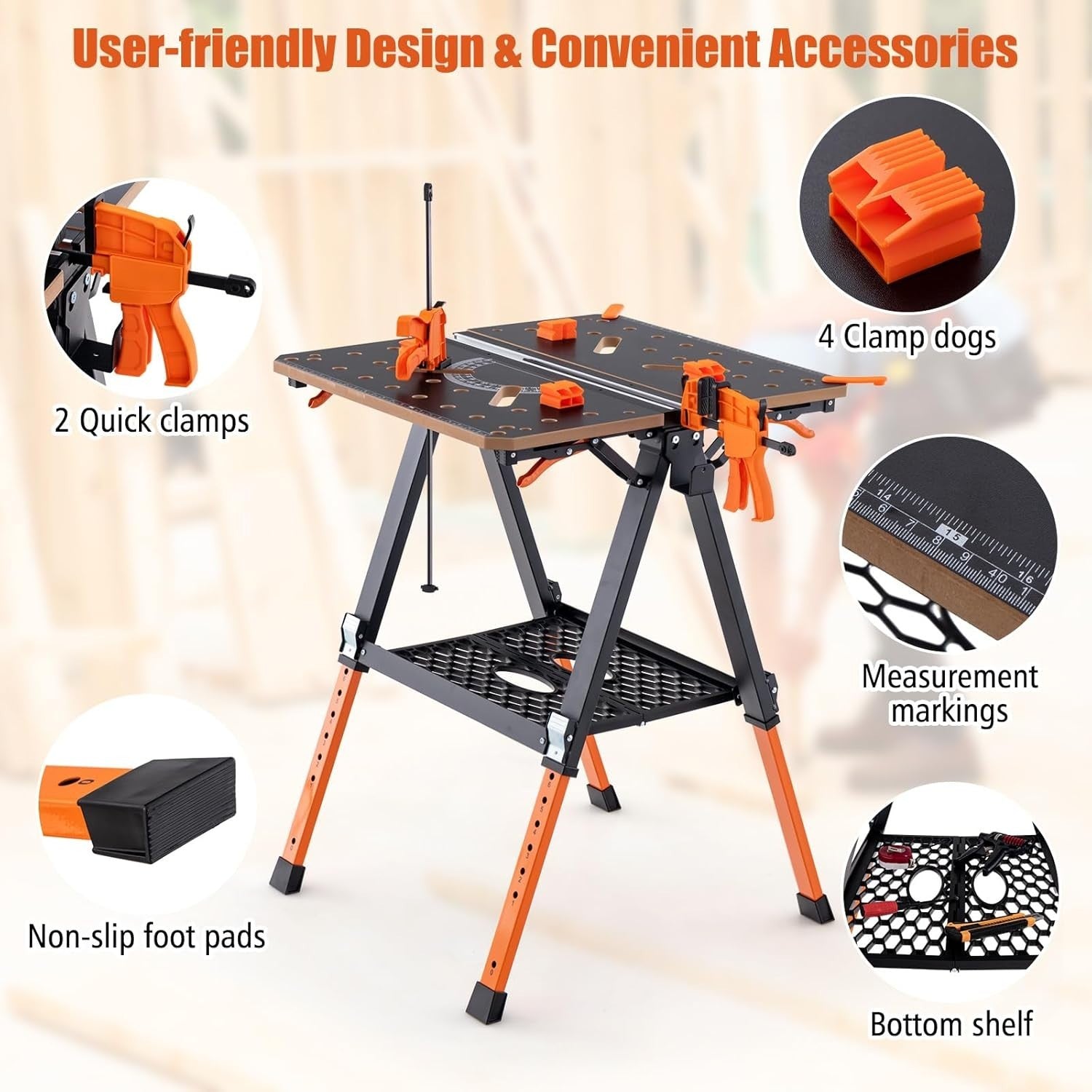 2-in-1 Folding Workbench & Sawhorse 8-Height 450kg Clamps Tool Stand 70x65