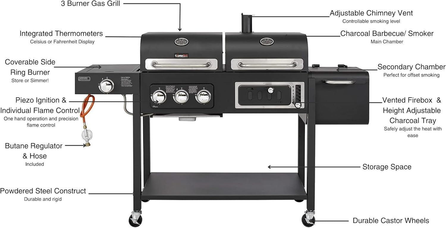 Dual Fuel Gas & Charcoal BBQ Grill with Side Burner & Thermometer – 4 Burner
