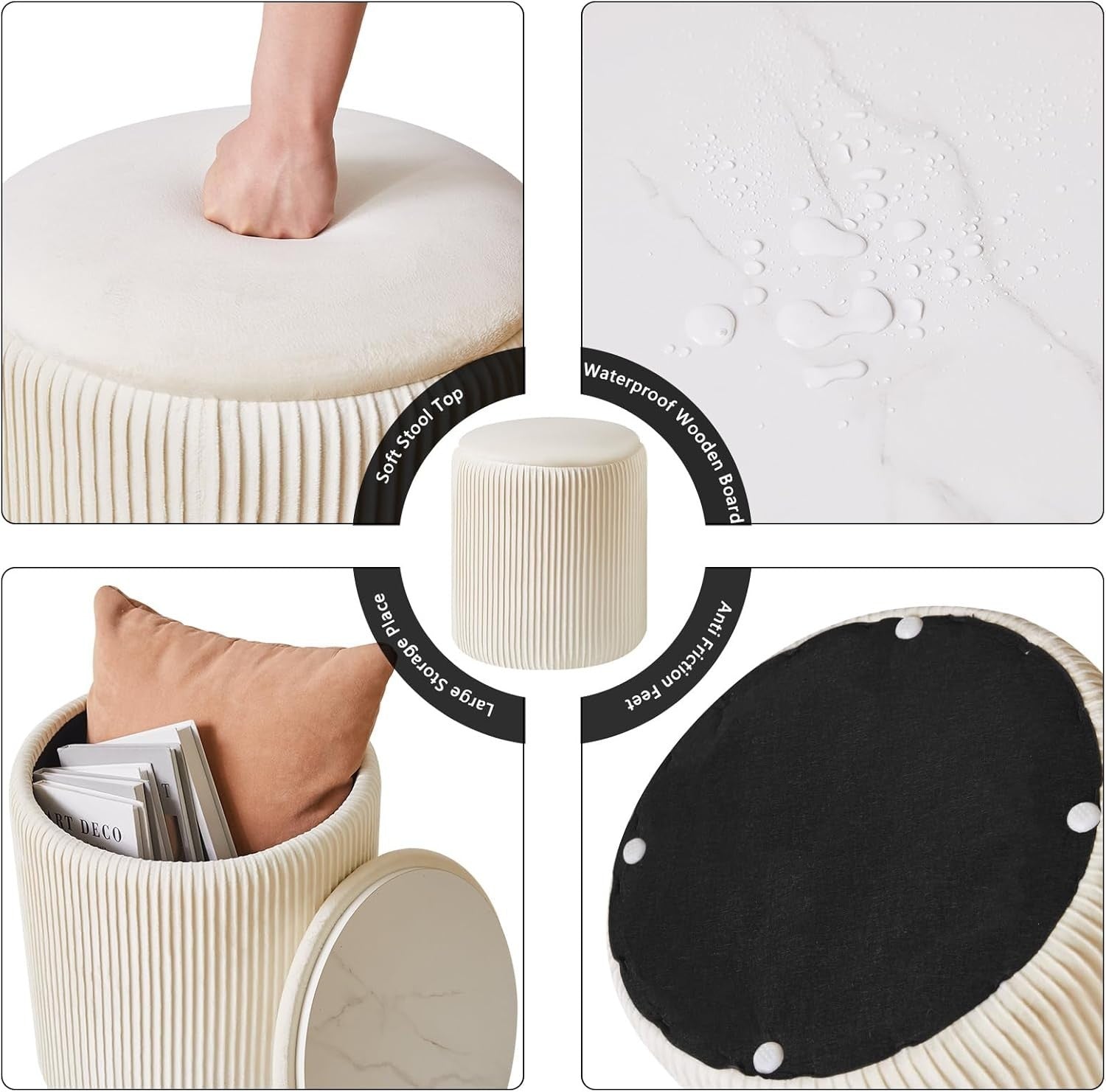 White Velvet Storage Ottoman Set of 2 – Round Vanity Stools & Side Tables
