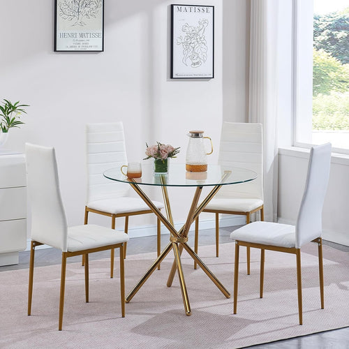 Round Glass Dining Table Set with 4 Chairs | Gold Legs | Compact & Stylish
