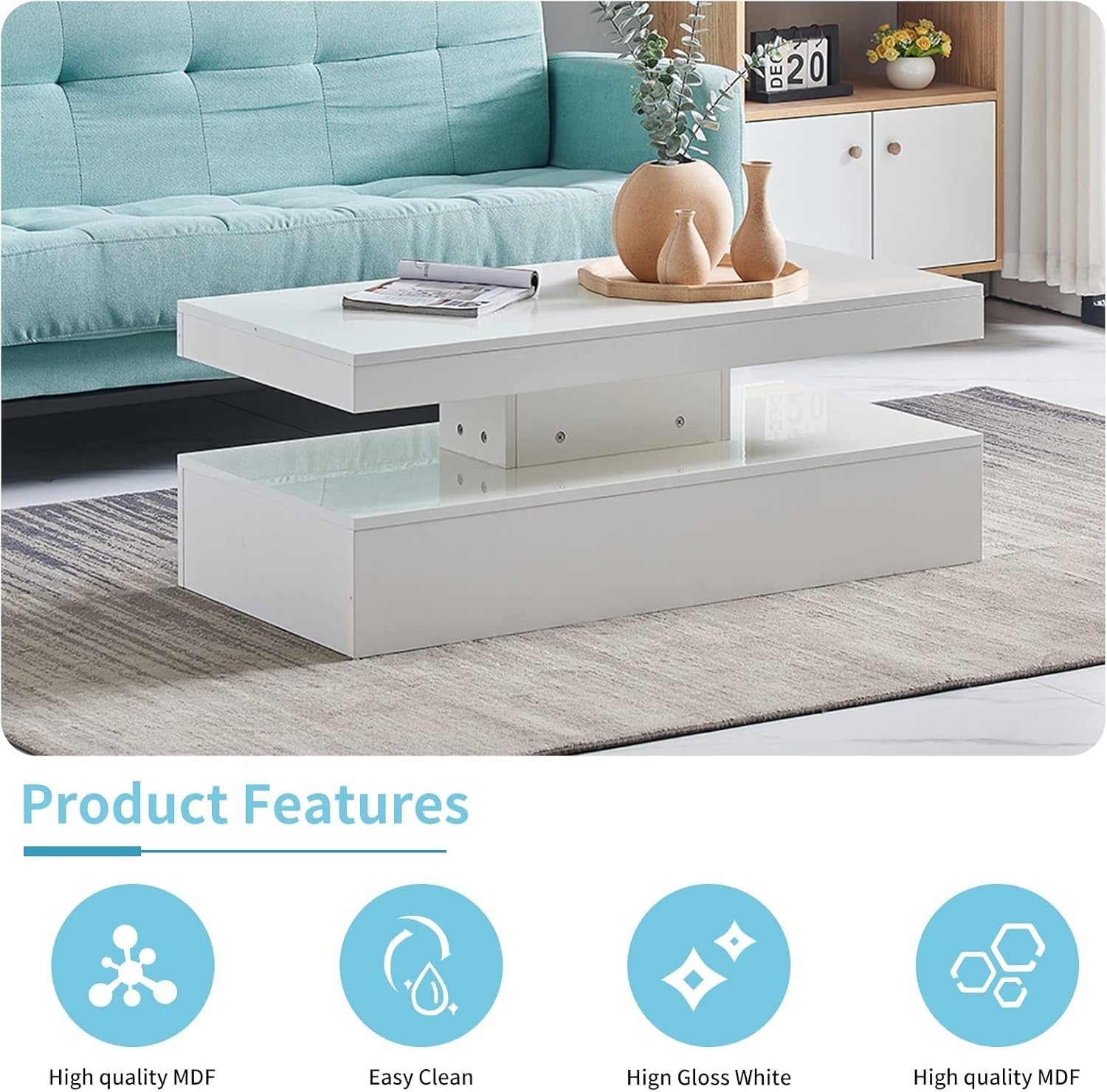 White High Gloss Coffee Table with 16-Color LED Lights – Modern Living Room