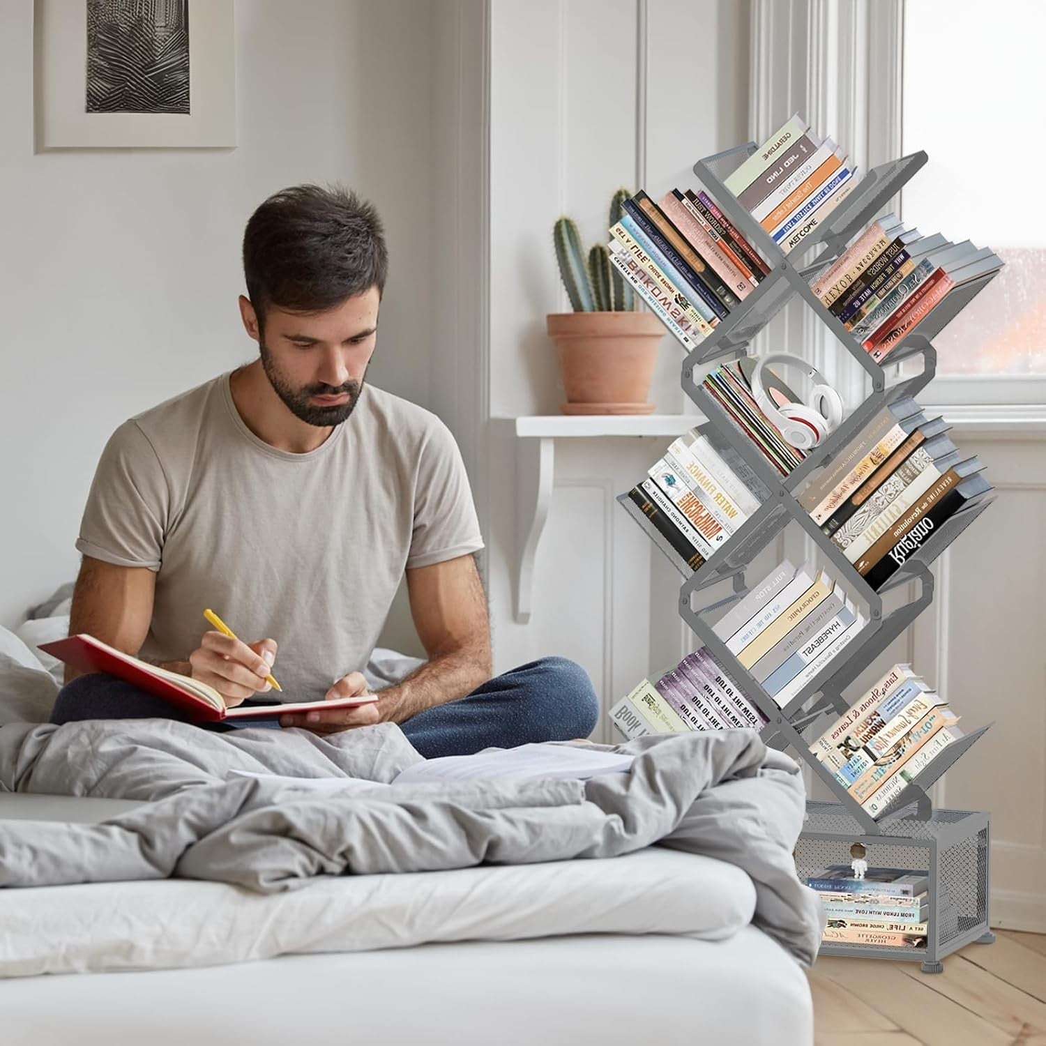 9 Tier Folding Tree Bookcase Metal Corner Bookshelf Free Standing Grey