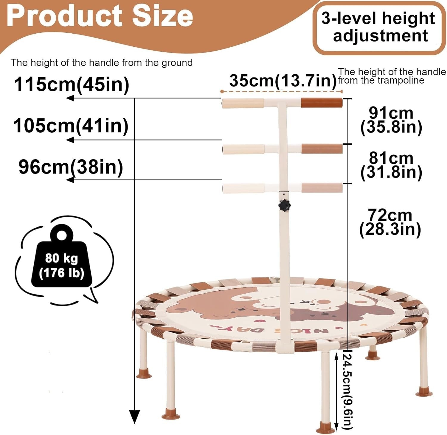 40'' Kids Trampoline Foldable Noise-Free with Safety Handle Indoor Outdoor