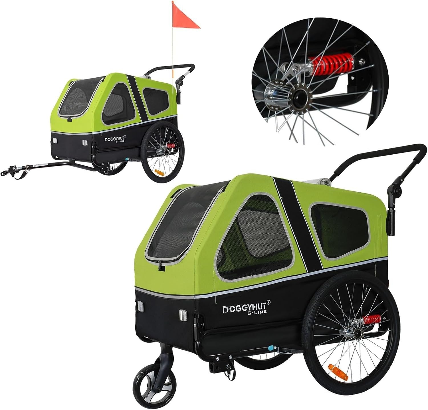 Dog Bike Trailer Stroller 45kg Folding Suspension Cart Green Black with Brakes