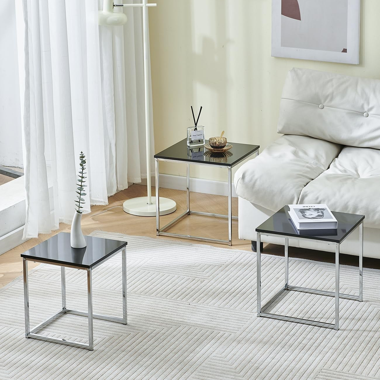 Set of 3 Black Nesting Coffee Tables Side End Bedside Lamp Table Wood Metal