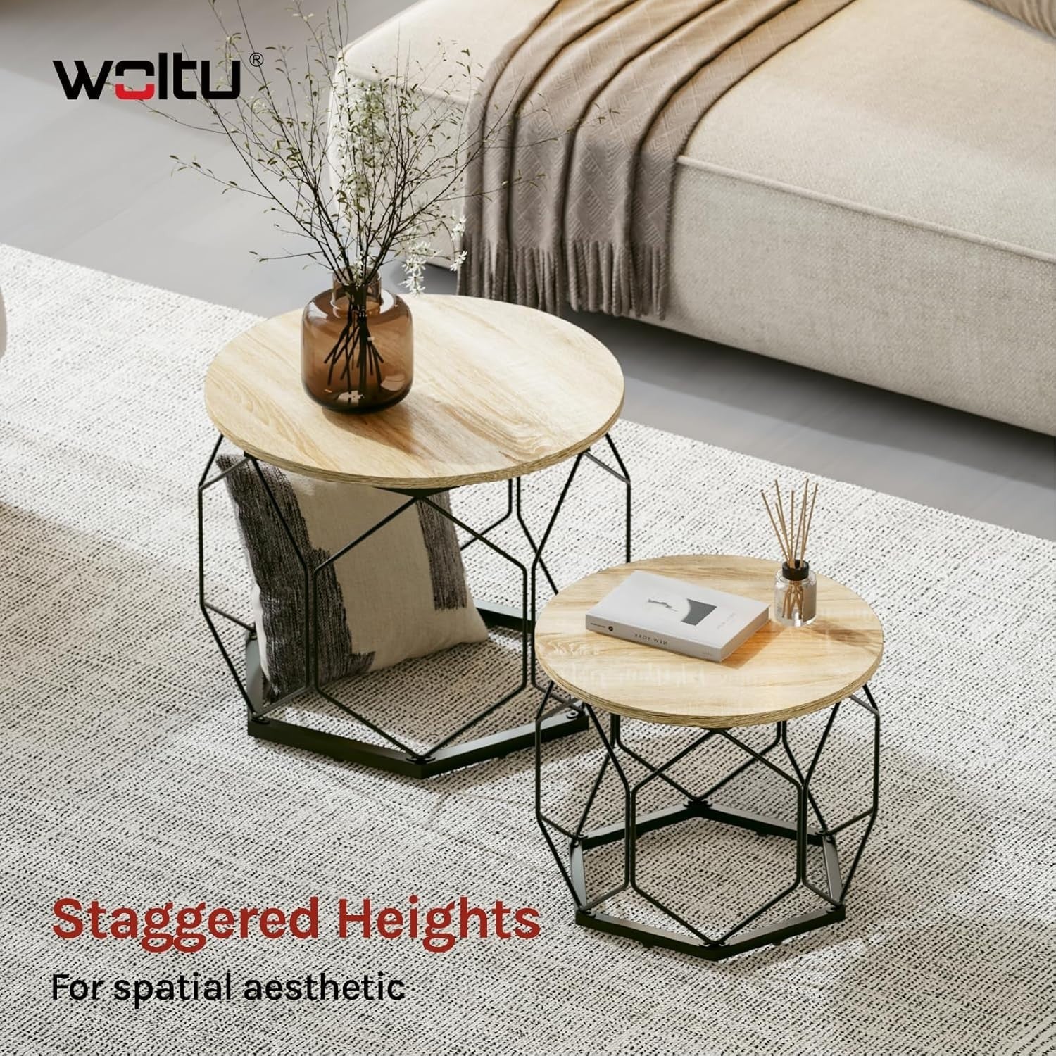 Round Coffee Tables Set of 2 – Sturdy Metal Frame, Light Oak Shelves, 40 & 50cm