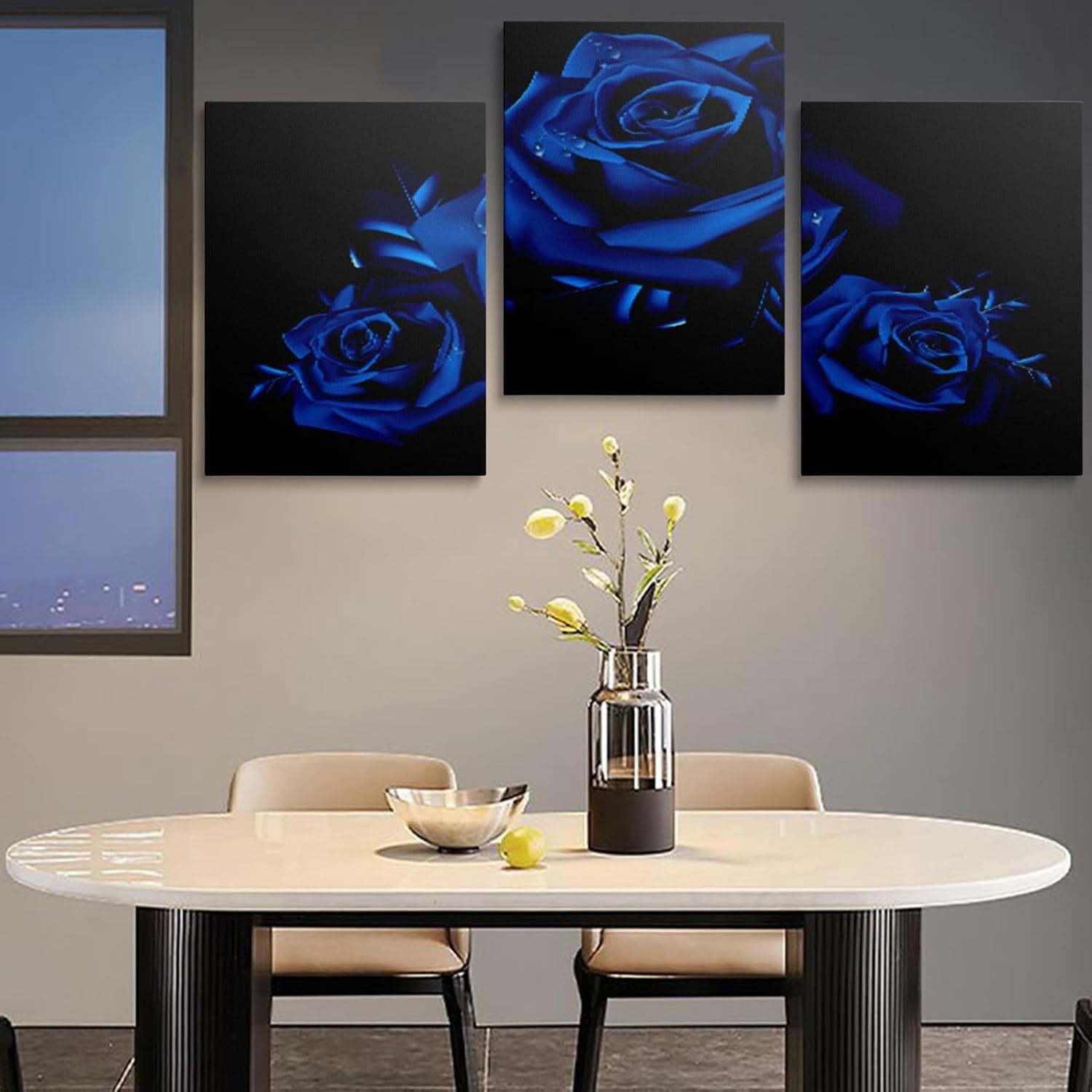Framed Blue Rose Canvas Wall Art Set of 3 16x12 Modern Decor