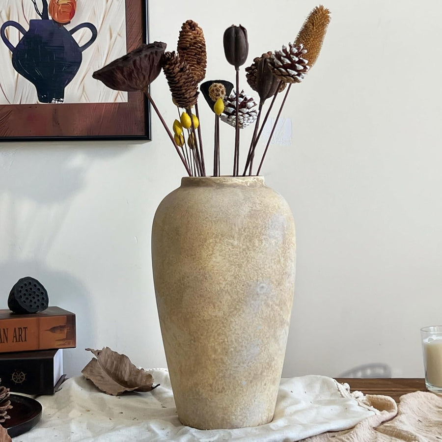Beige Rustic Ceramic Vase 12in Vintage Terracotta Floor Home Decor