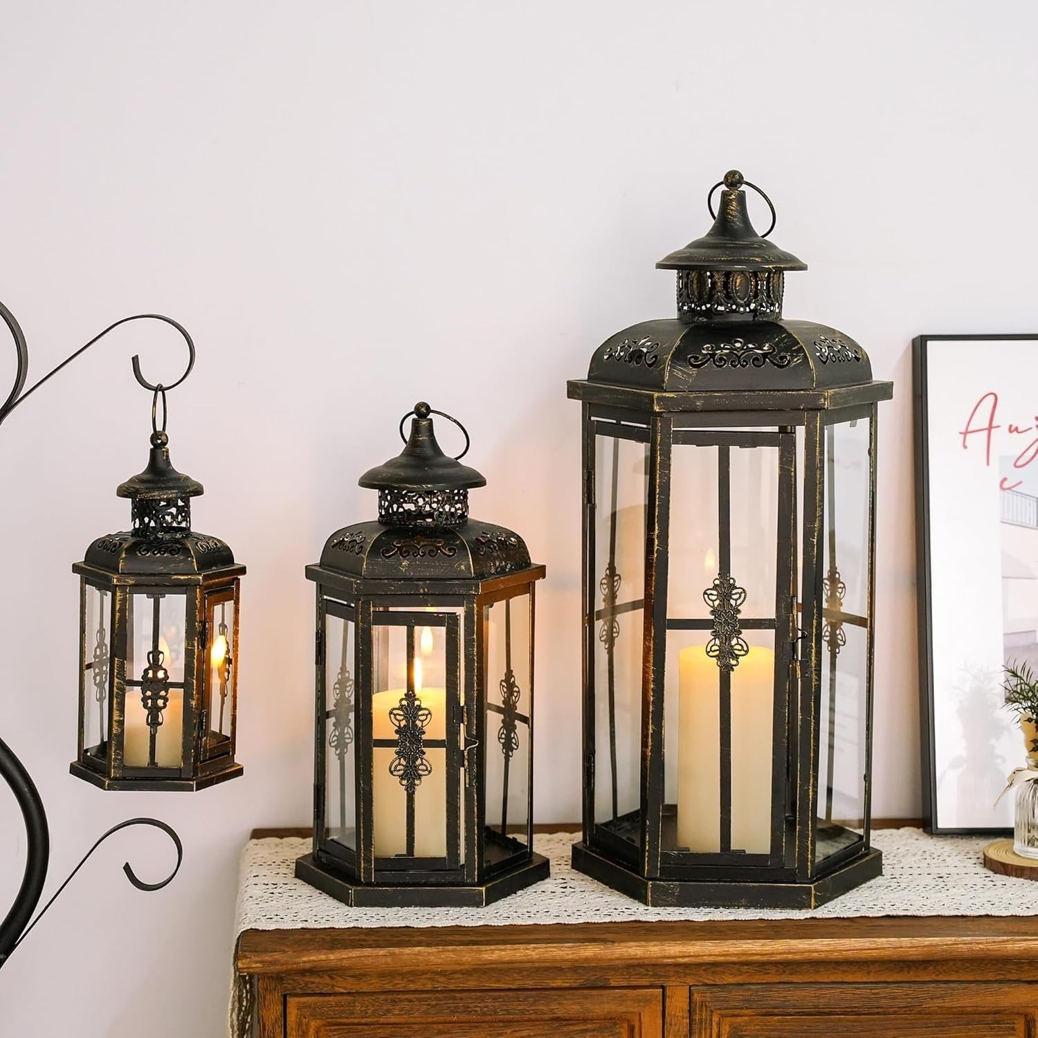 3 Pack Metal Candle Lanterns Indoor Outdoor Black Gold