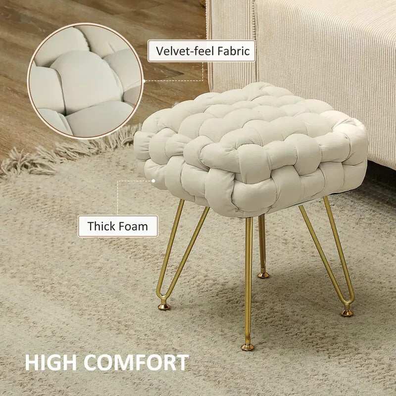 Cream Woven Velvet Footstool Ottoman Seat with Gold Legs for Bedroom