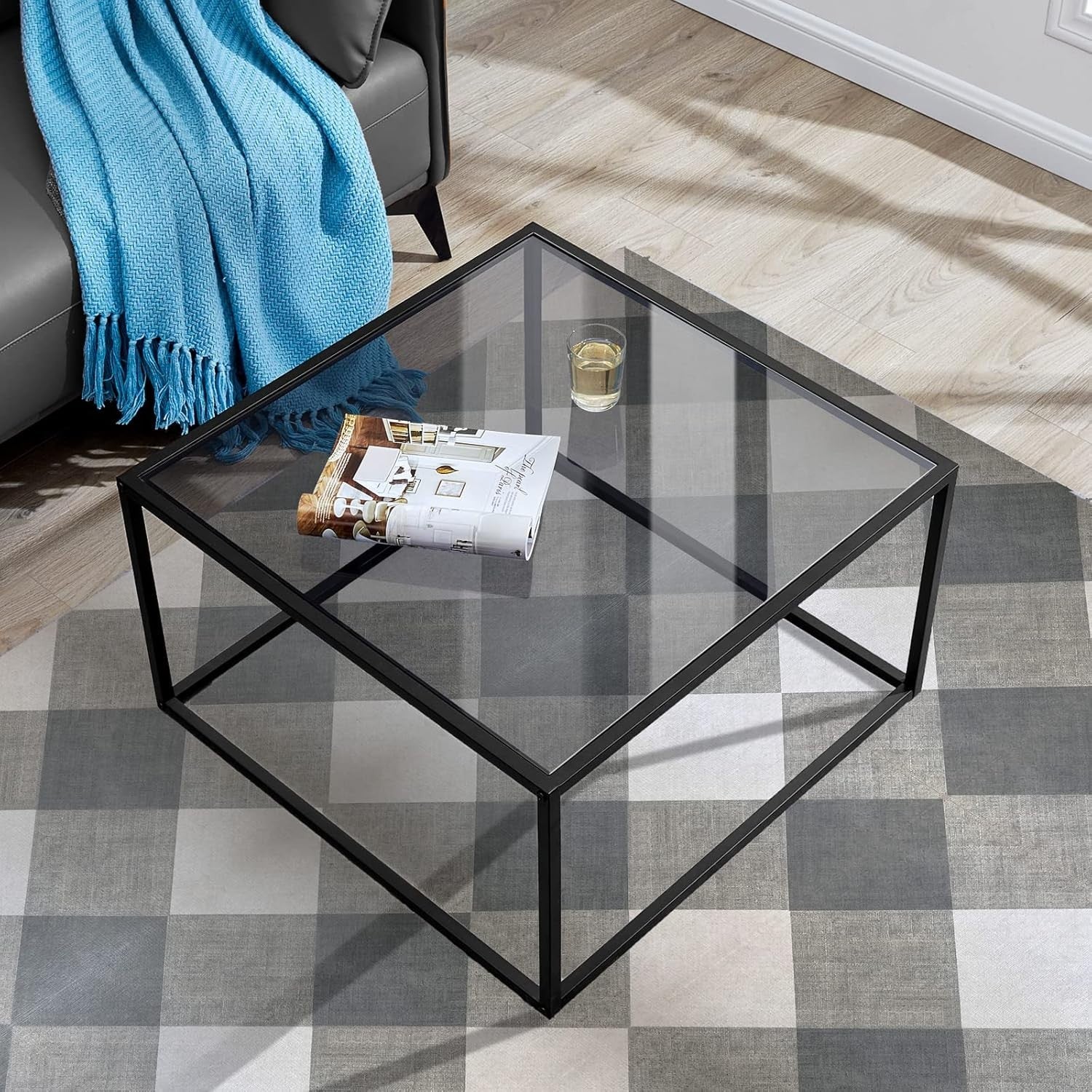 Modern Glass Coffee Table Grey – Small Square Center Table for Living Room