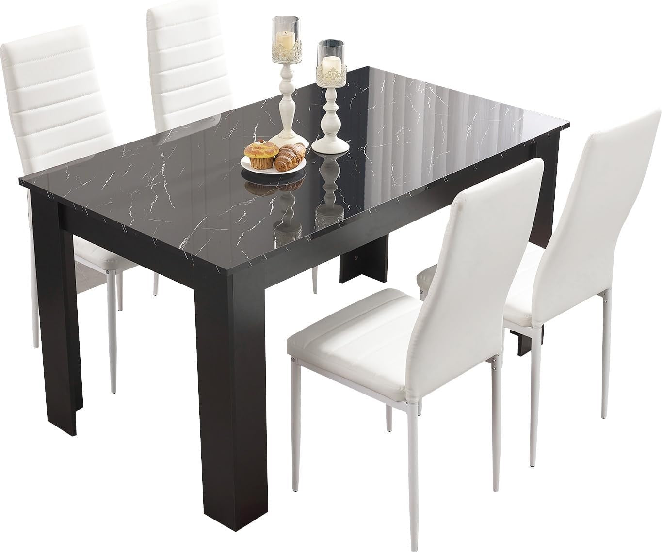 Modern Black Marble Dining Table Set 4 PU Leather Chairs 120x80cm