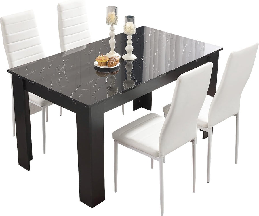 Modern Black Marble Dining Table Set 4 PU Leather Chairs 120x80cm