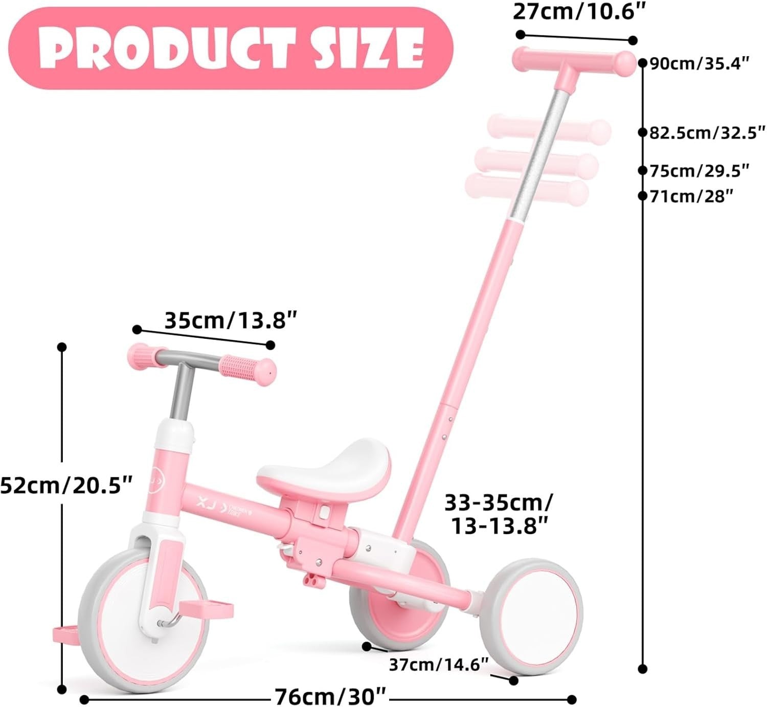 5 in 1 Toddler Tricycle Balance Bike Adjustable Push Handle Pink 1-3Y