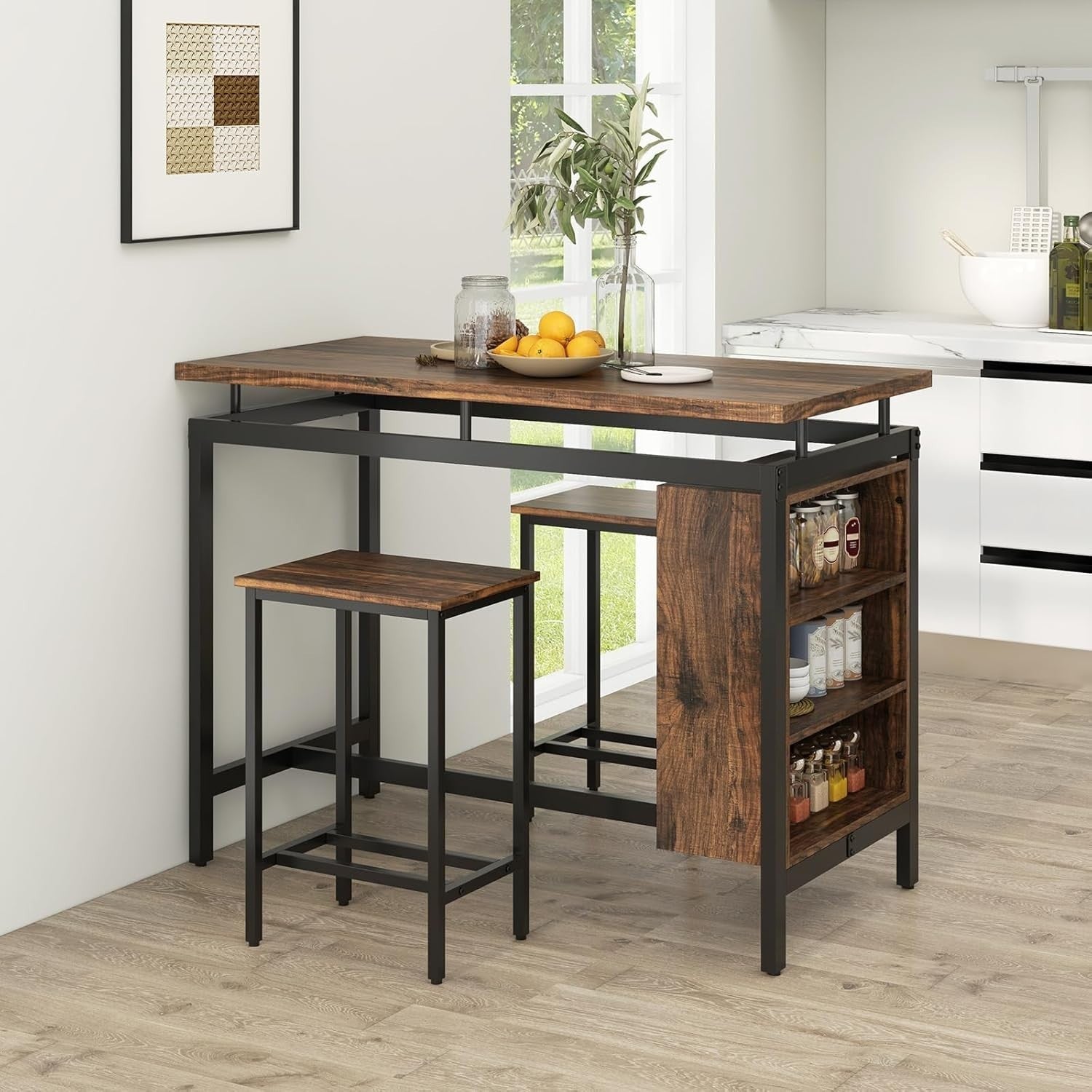 3PCS Brown+Black Dining Table Set with Stools, Space-Saving Bar Table Furniture