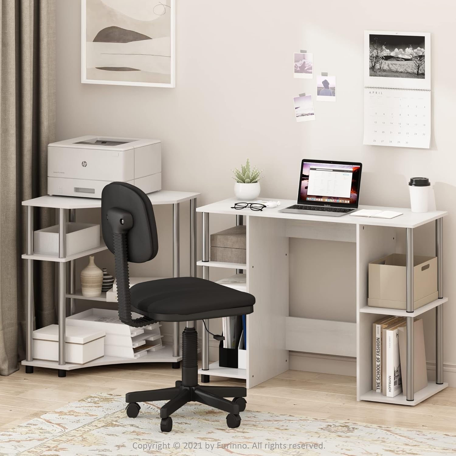 Compact Computer Desk 97cm Study Table with Shelves White Oak Office Workstation