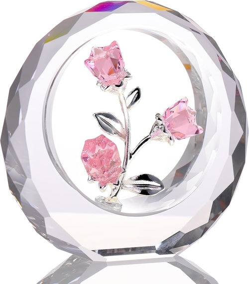 Pink Crystal Rose Bouquet Ornament • Glass Flower Figurine Gift for Women